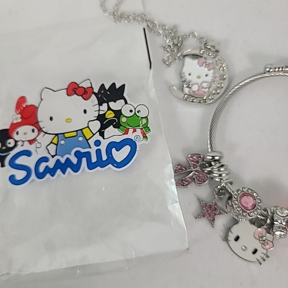 Hello Kitty Inspired Charm Bracelet Silver Pink Crystal Charm + Necklace - Picture 3 of 3